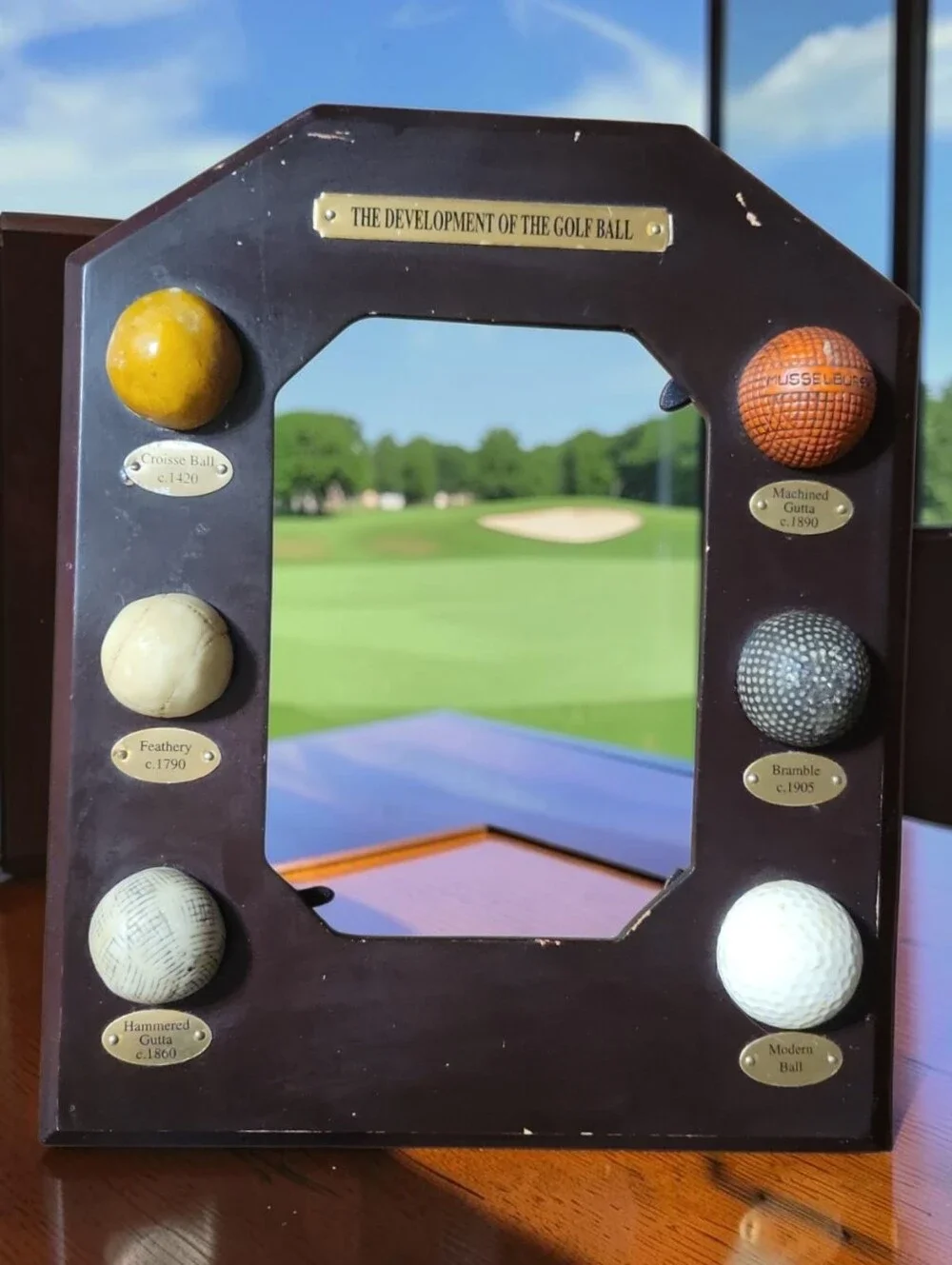 Vtg 90's Development Of Golf Ball Wood Picture Frame Brass Tags History 6 Eras